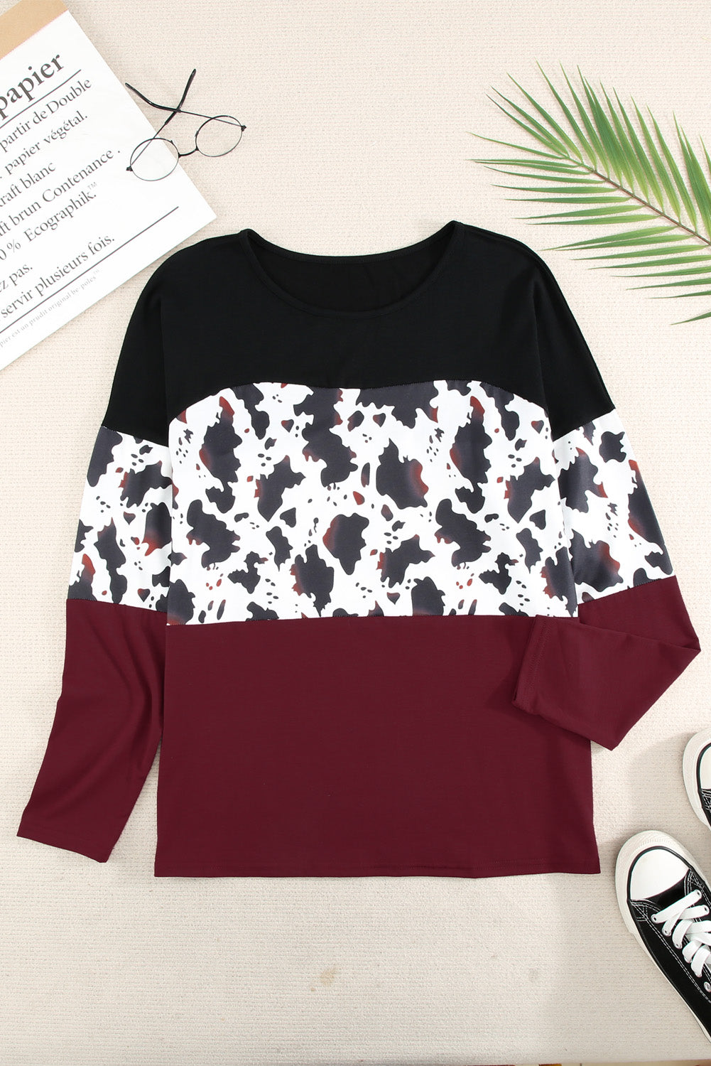 Cow Print Color Block Long Sleeve Blouse