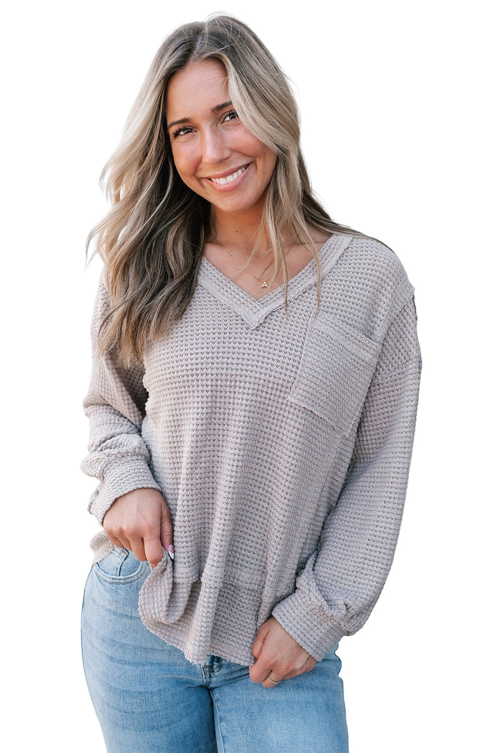 Light Grey Raw Edge Detail Waffle Knit V Neck Top