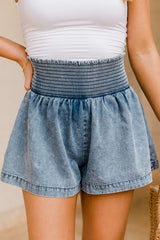 Blue Smocked High Waist Acid Wash Flared Denim Shorts