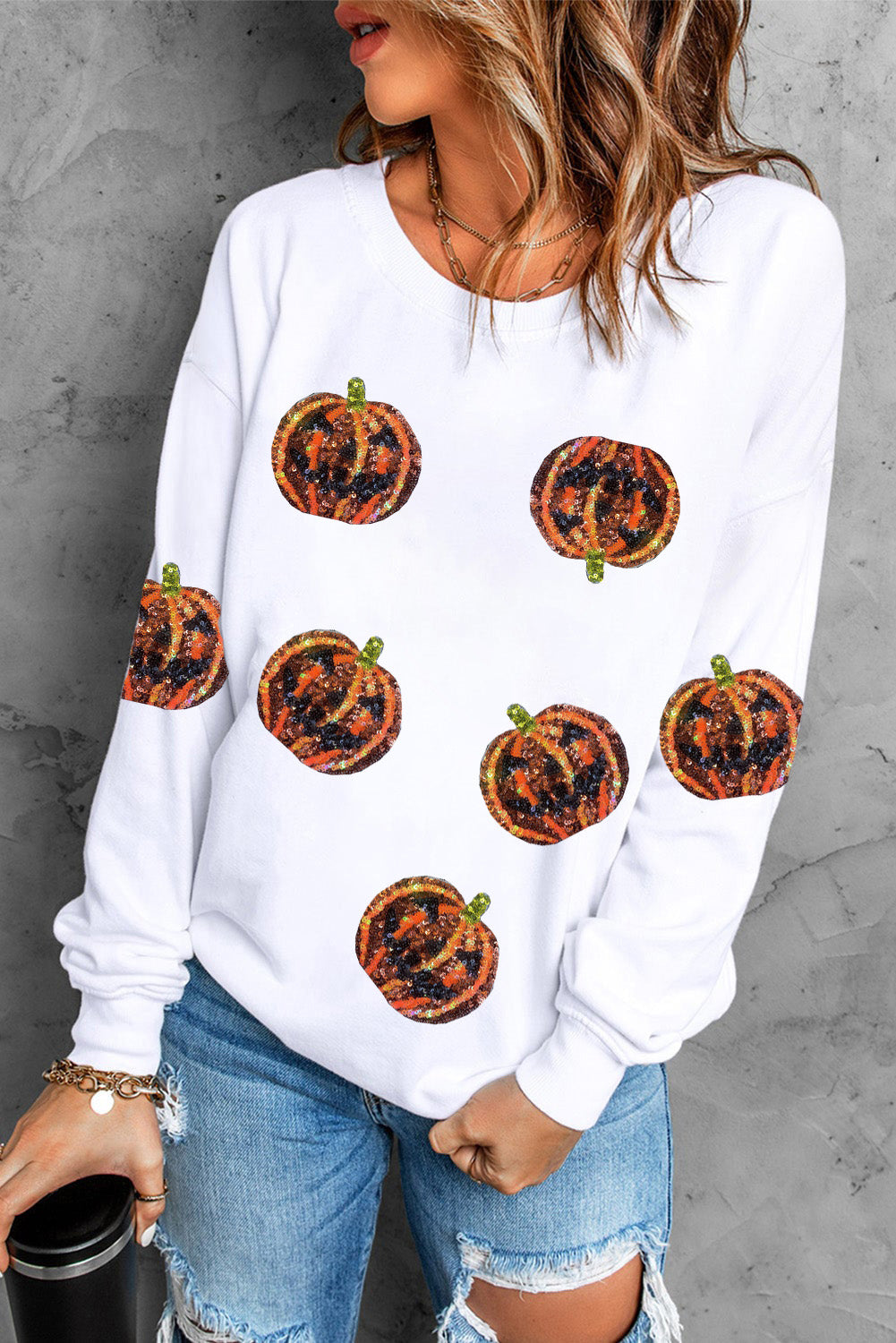 Black Sequin Halloween Pumpkin Graphic Pullover Sweatshirt