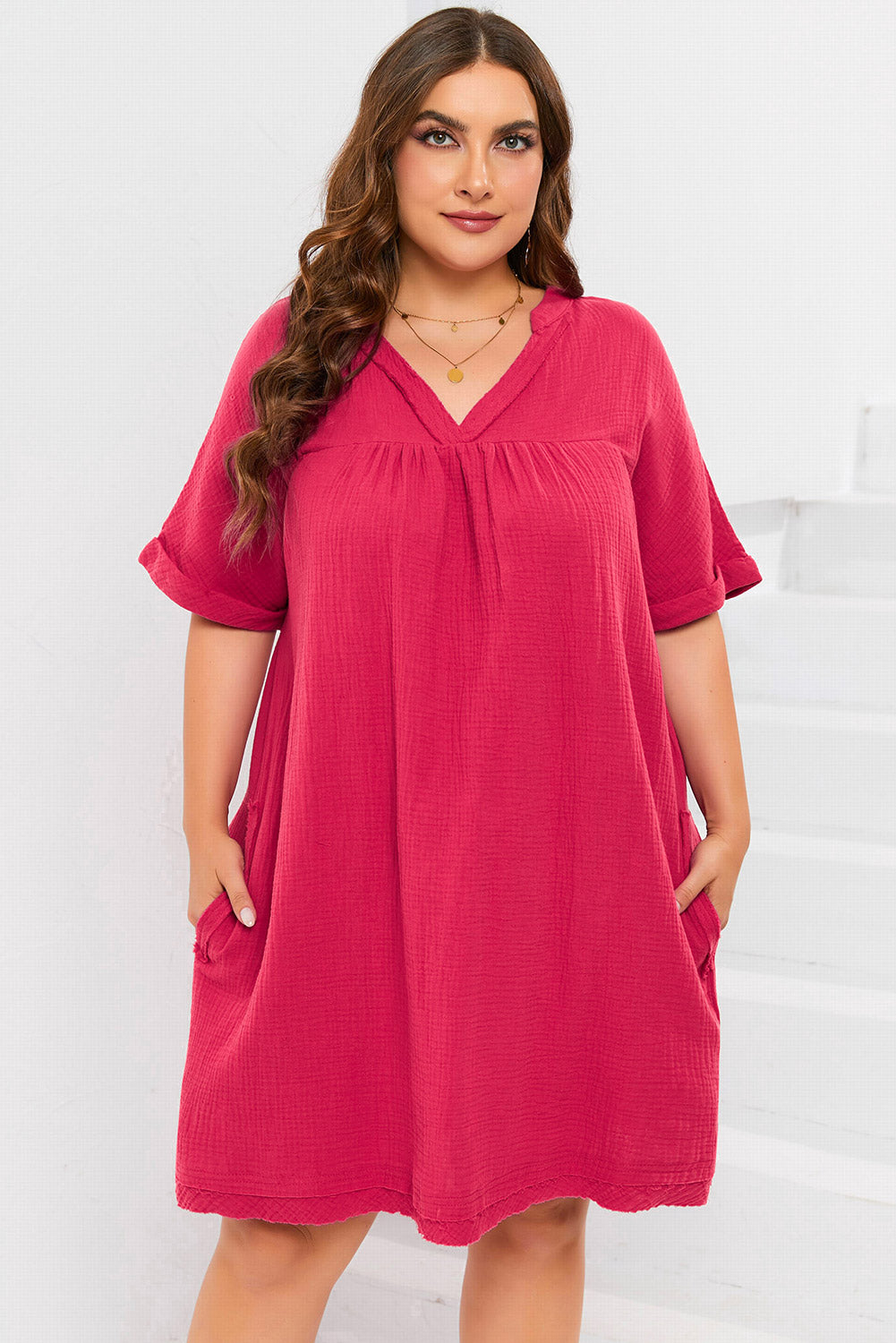 Rose Plus Size Ruched V Neck Pocket Short Sleeves Mini Dress