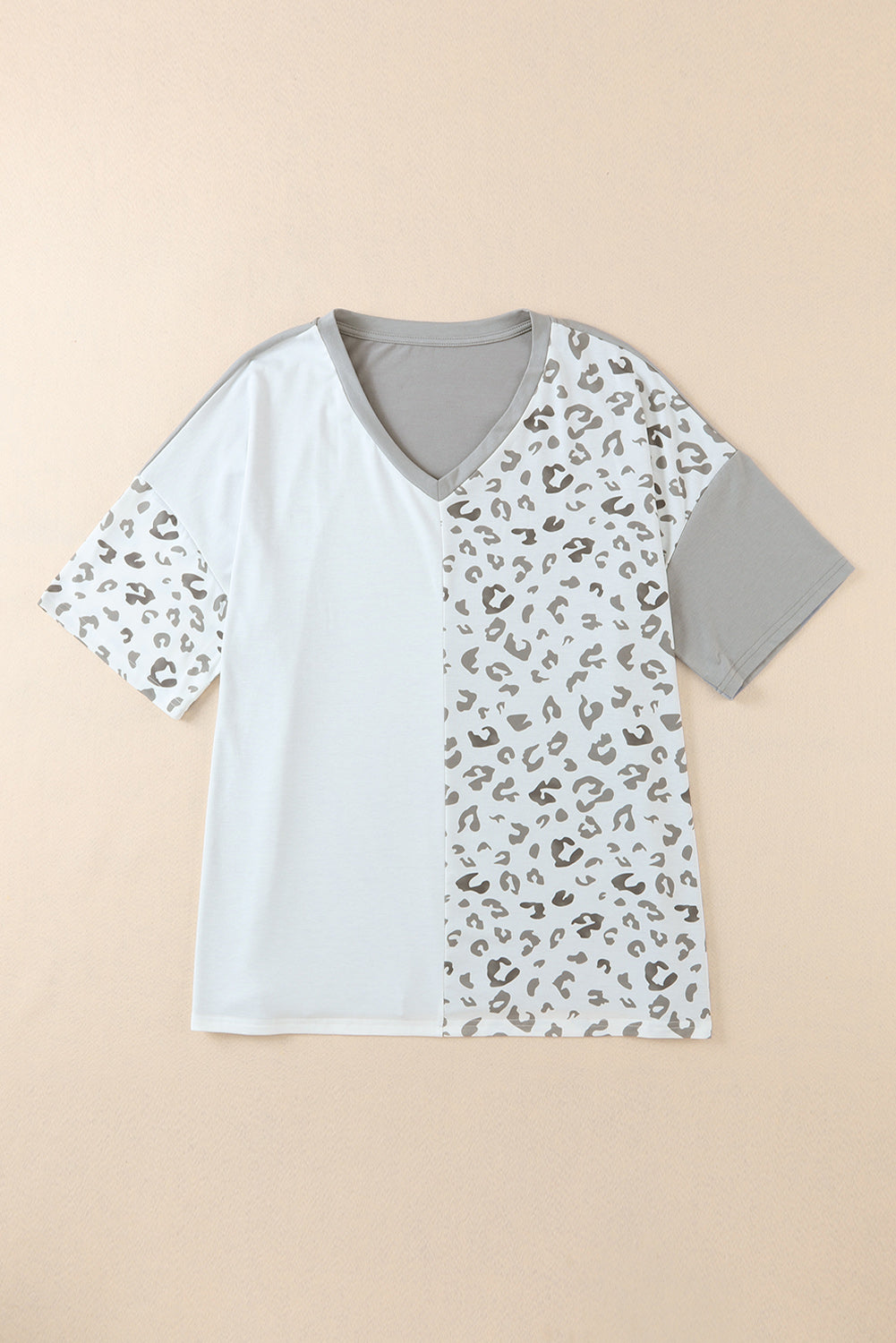 White Plus Size Leopard Patchwork Short Sleeve Top