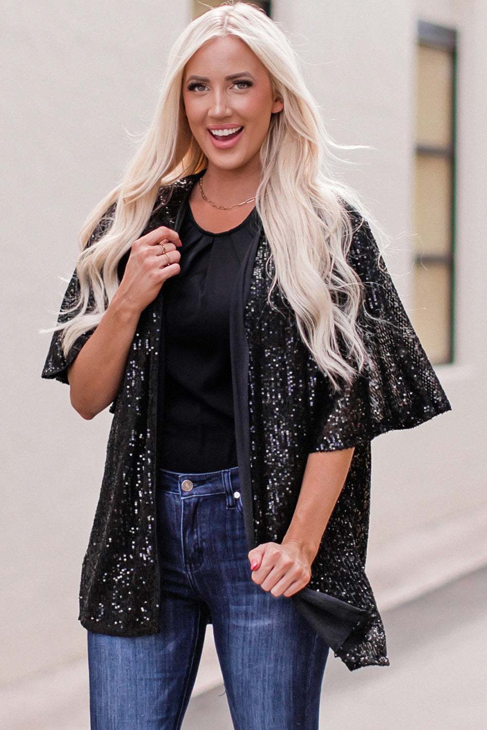 Black Luster Sequin Half Sleeves Draped Open Front Top