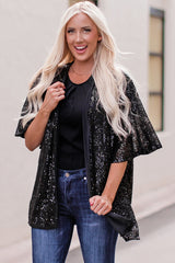 Black Luster Sequin Half Sleeves Draped Open Front Top