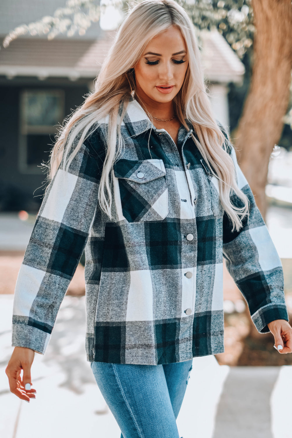 Khaki Plaid Print Buttoned Shirt Coat with Pocket
