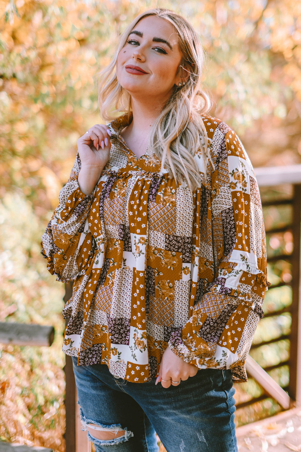 Apricot Turn-down Neck Mixed Print Plus Size Shirt