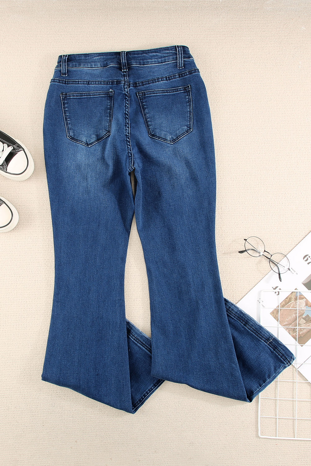 Light Blue Mid Rise Button Front Flare Denim