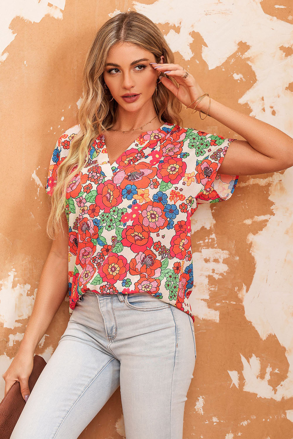 Red Floral Split Neck Top