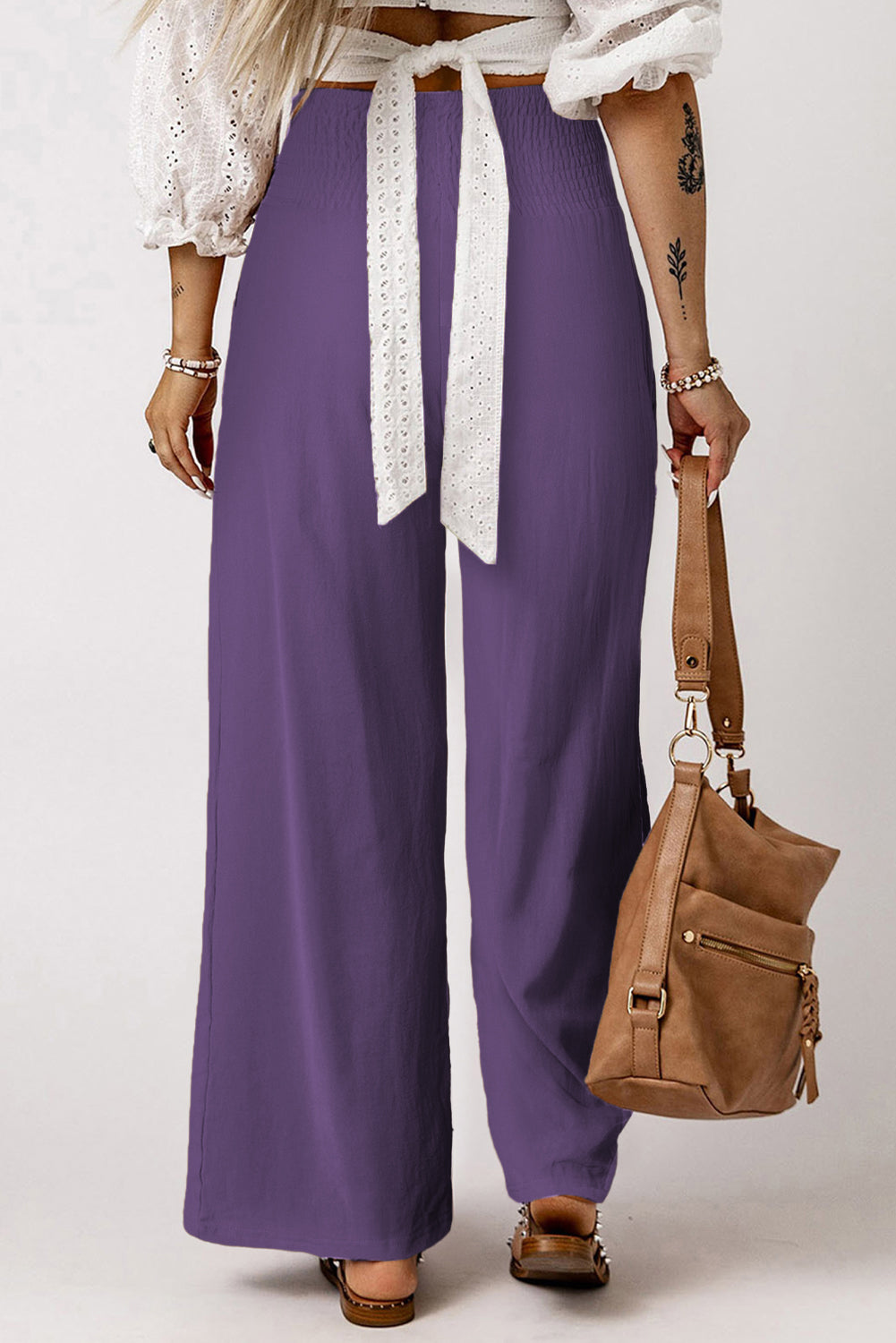 Black Smocked Wide Waistband High Waist Wide Leg Pants