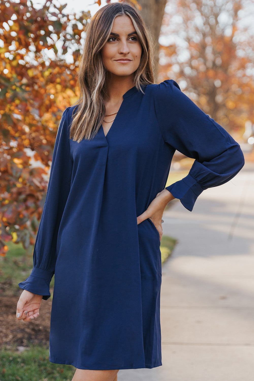 Black Split V Neck Ruffled Sleeves Shirt Dress