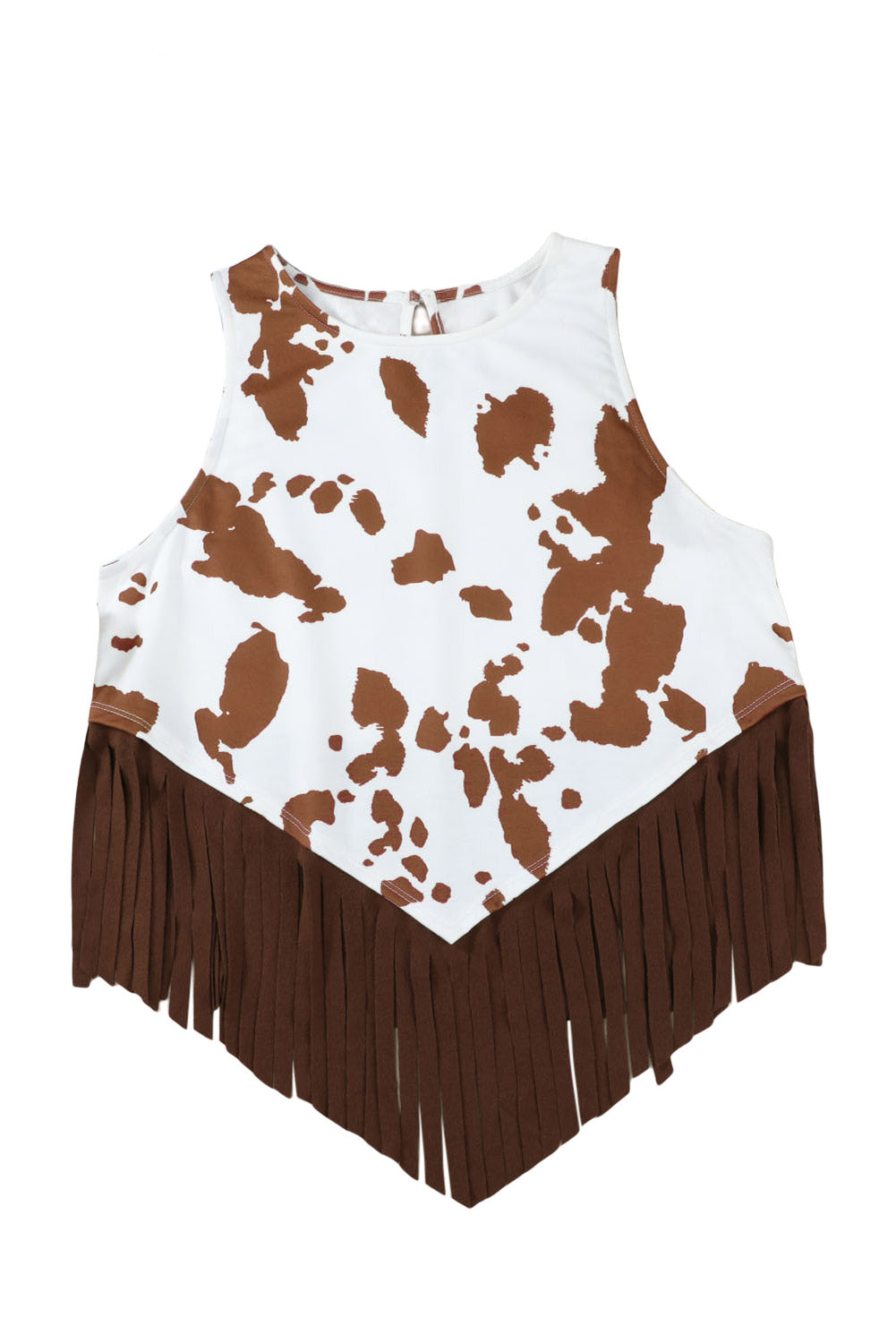 White Cow Printed Fringe Hem Tank Top