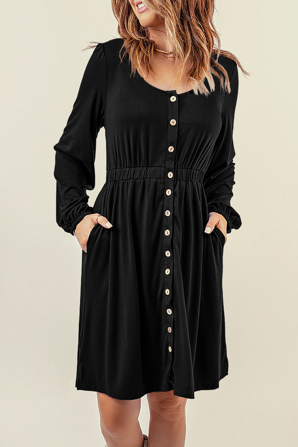 Red Button Up High Waist Long Sleeve Dress