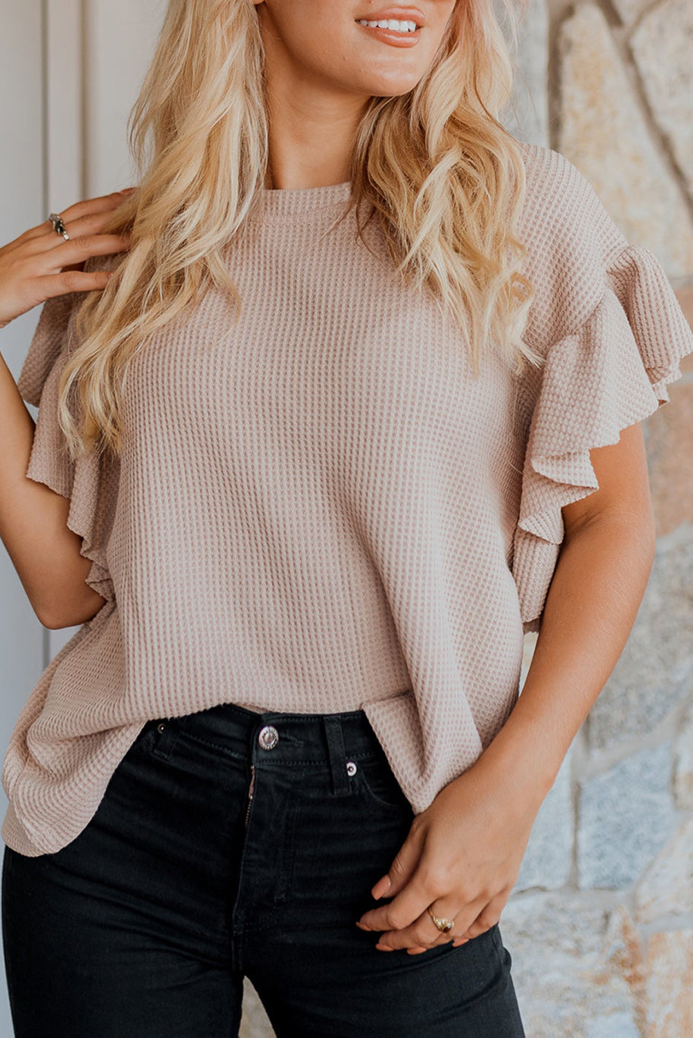 Pink Ruffle Sleeve Waffle Knit Top