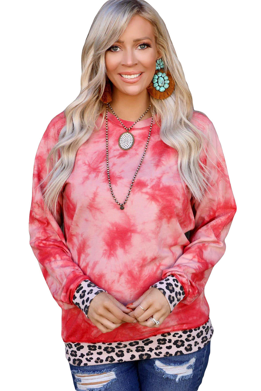 Leopard Patchwork Tie Dye Print Long Sleeve Sweatshirt