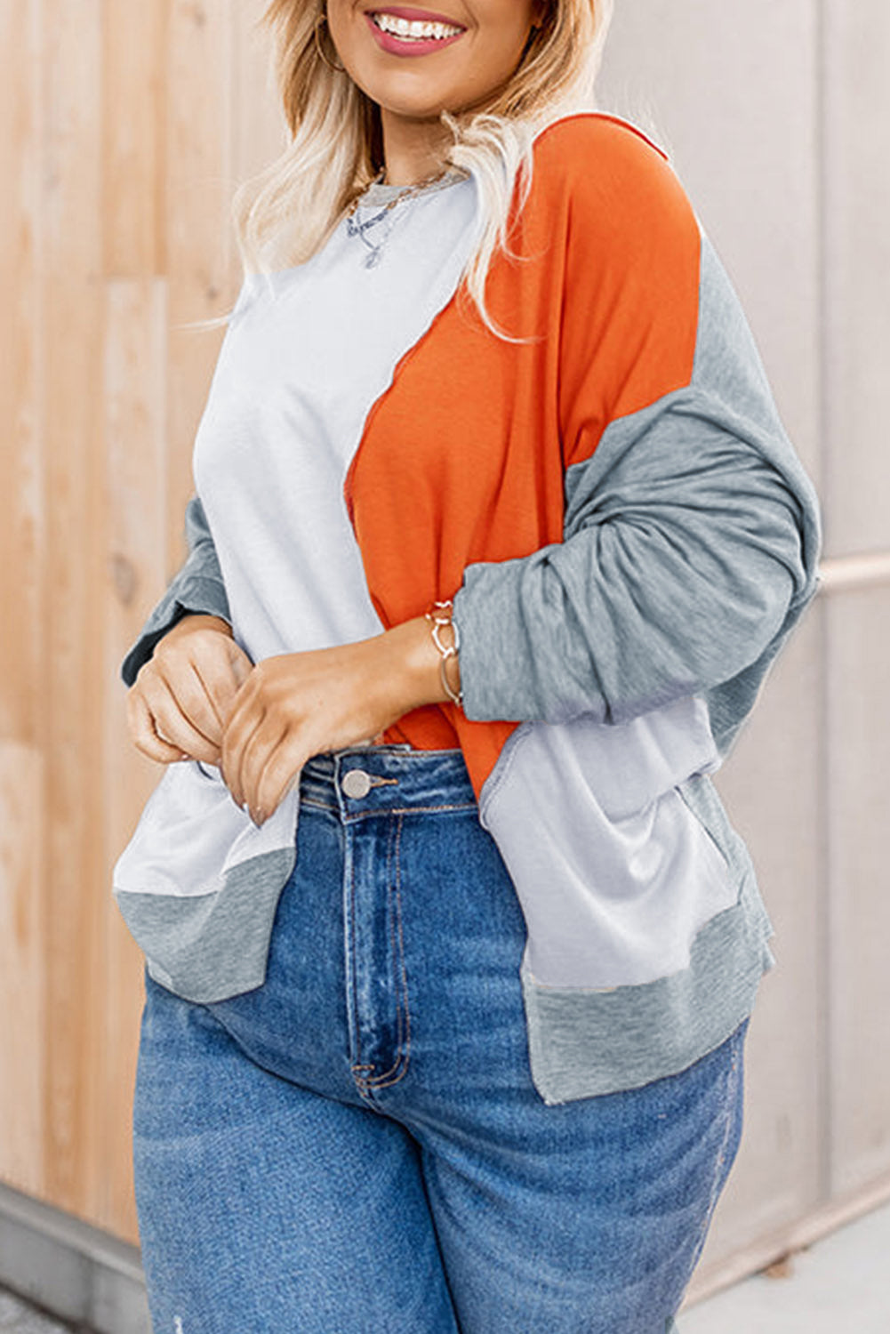 Colorblock Stitching Irregular Hem Long Sleeve Top