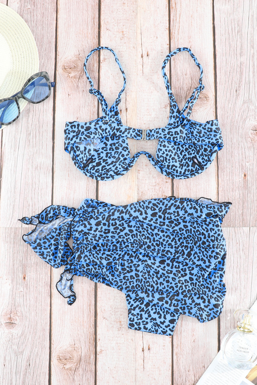 Blue 3pcs Leopard Bikini & Sarong Swim Set