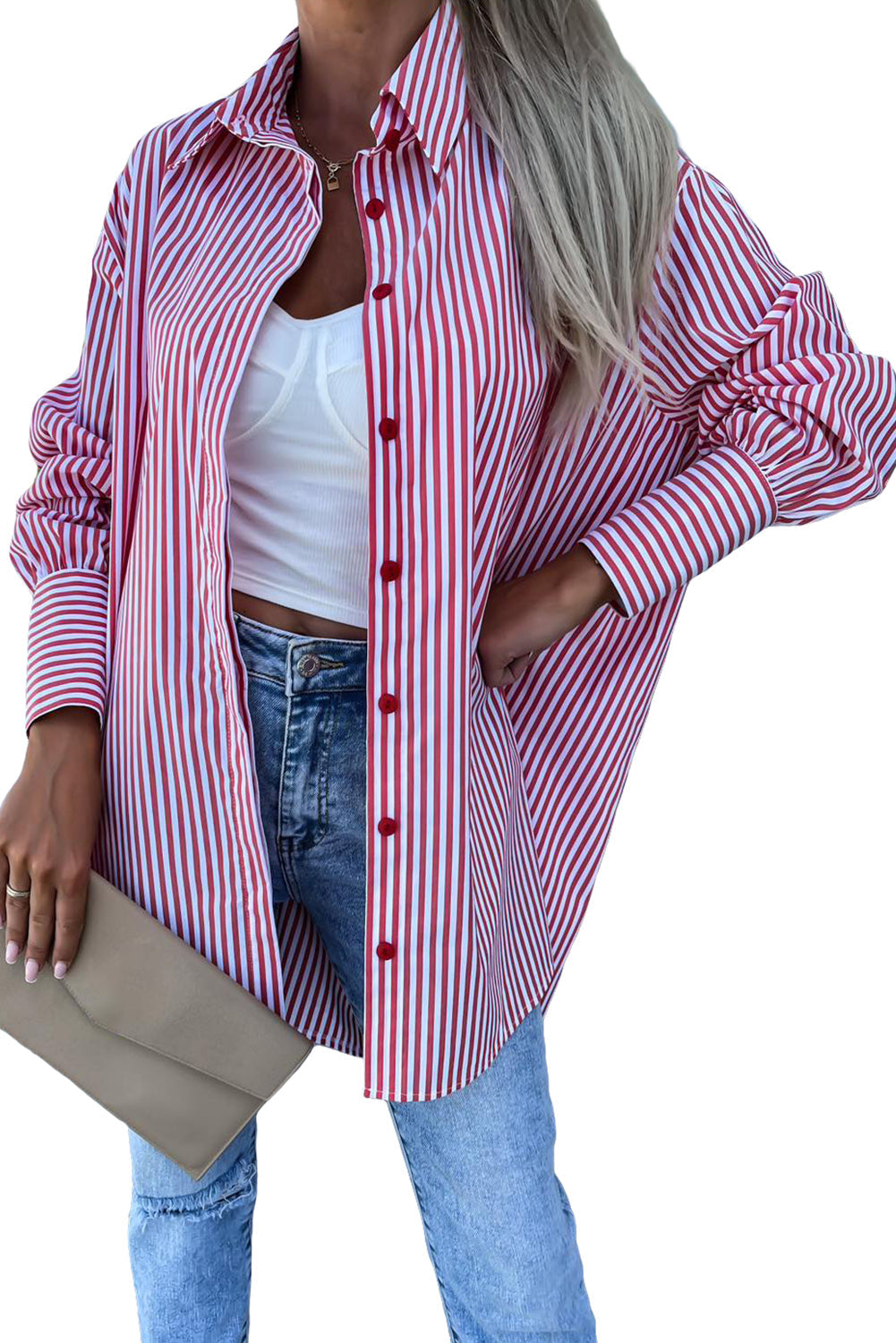 Striped Bishop Sleeve Side Slit Long Tail Shirt