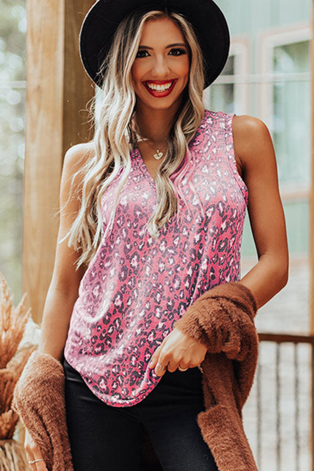 White Leopard  V Neck Tank Top