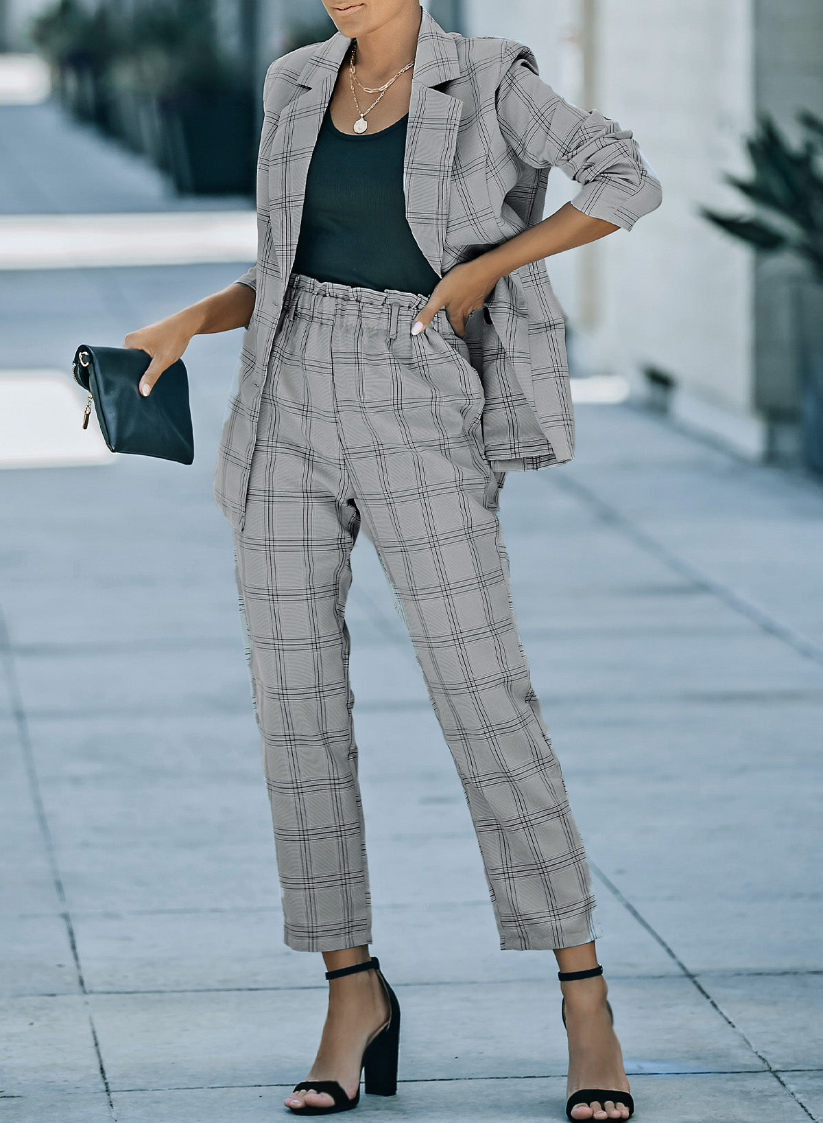 Gray Lapel Button Plaid Blazer