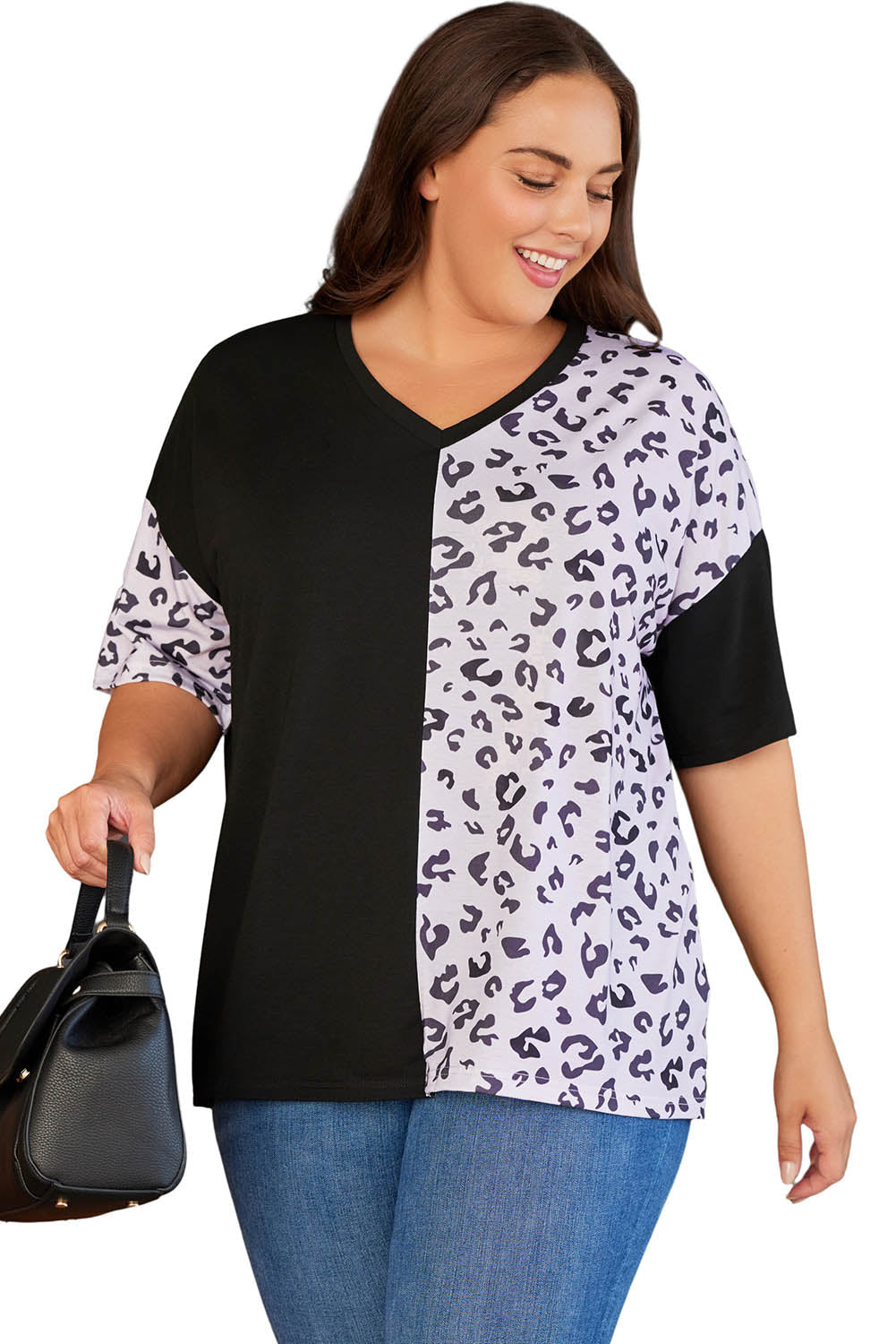 White Plus Size Leopard Patchwork Short Sleeve Top