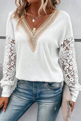 White Lace Splicing V Neck Puff Sleeve Top