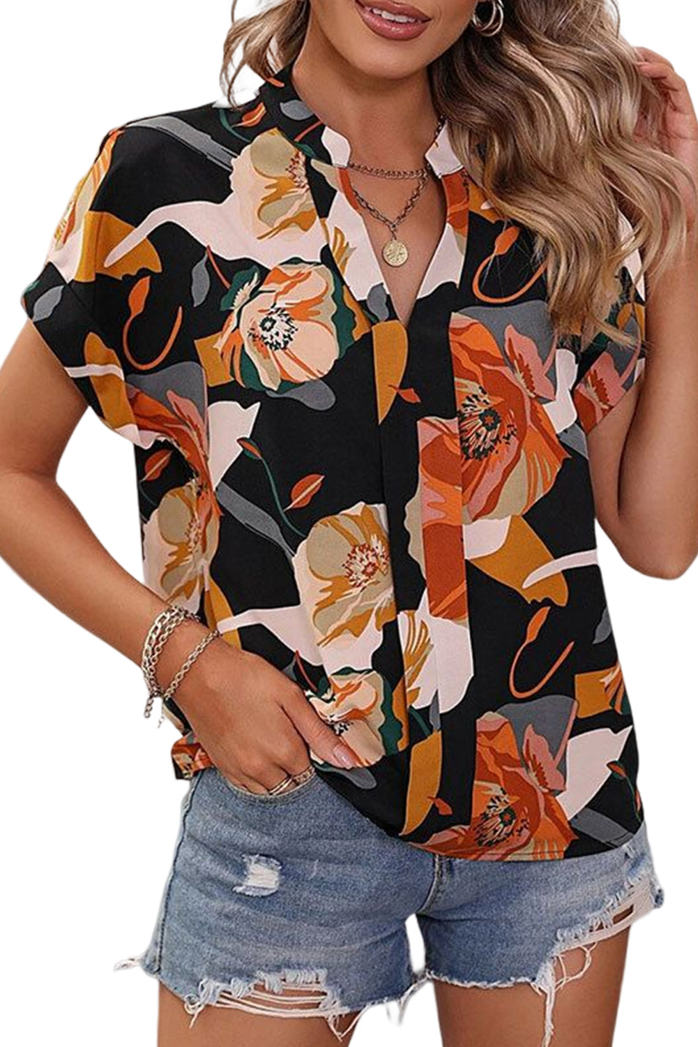 Black Floral Print Stand Collar Split V Short Sleeve Blouse