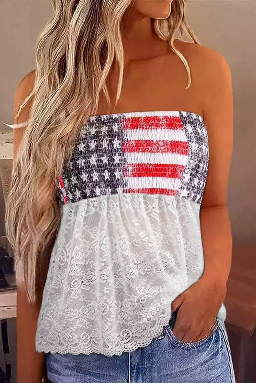 White Bandeau Lace Stitching National Flag Vest