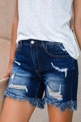 Blue High Waist Distressed Skinny Fit Denim Shorts