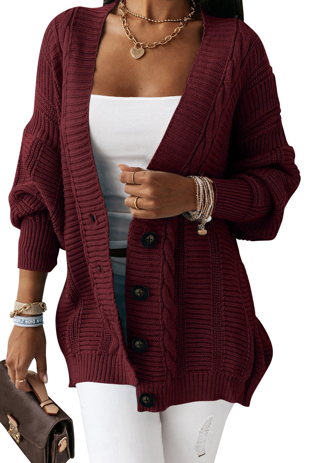 Wine Red Buttons Front Textured Knit Cardigan