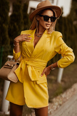 Yellow Long Sleeve Belted Blazer Dress