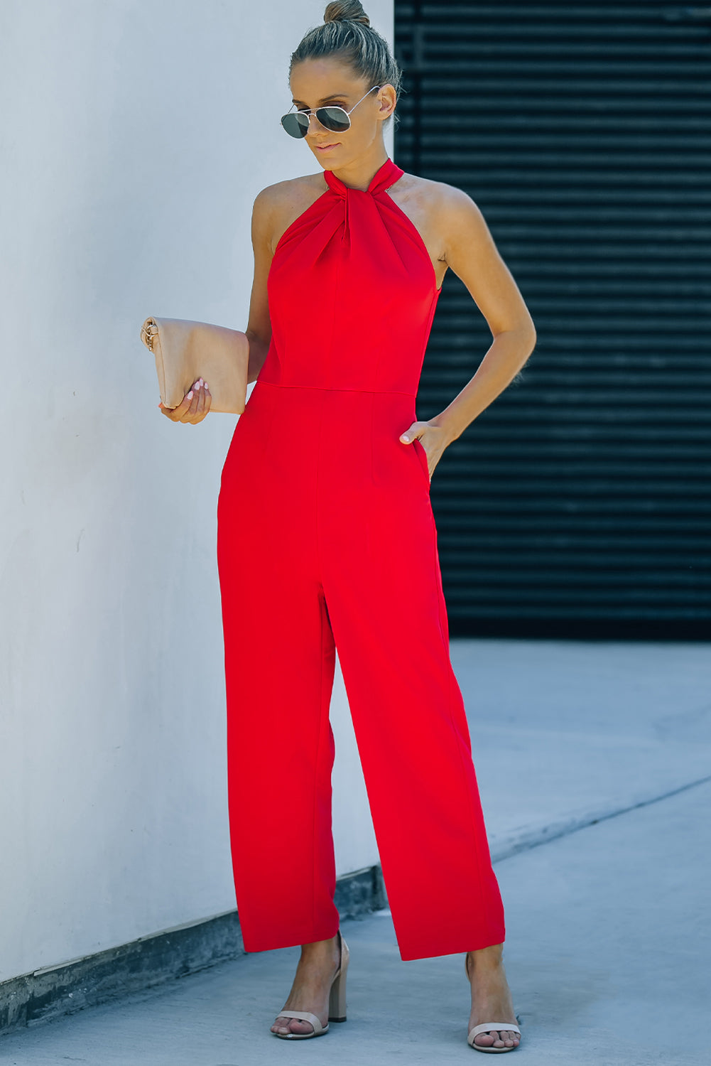 Red Halter Neck Sleeveless Wide Leg Jumpsuit