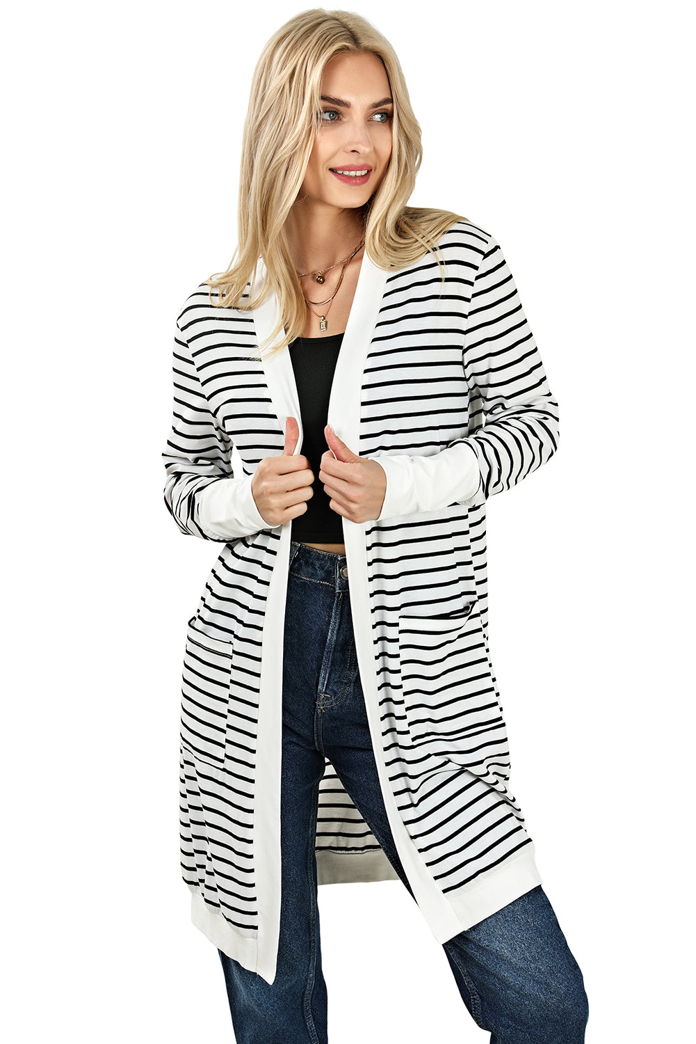 White Striped Side Pockets Open Front Cardigan