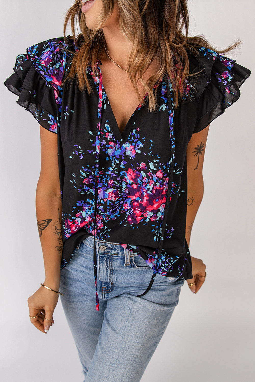 Black Butterfly Sleeves Split V Neck Tie-dye Print Blouse