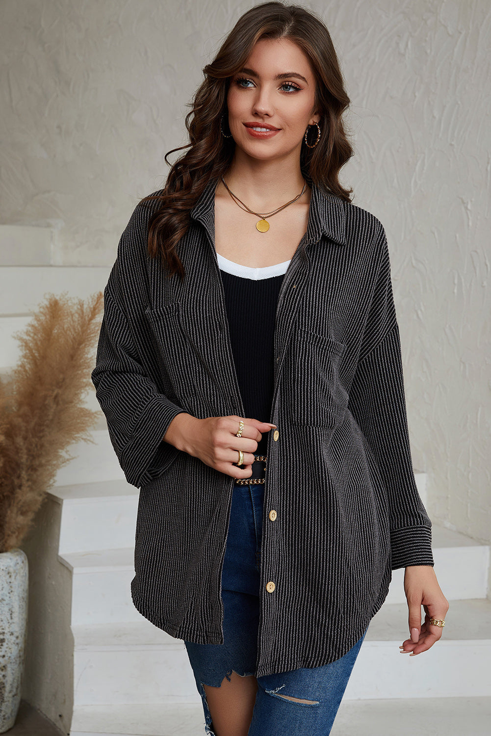 Sky Blue Roll Tab Sleeve Ribbed Cording Shacket