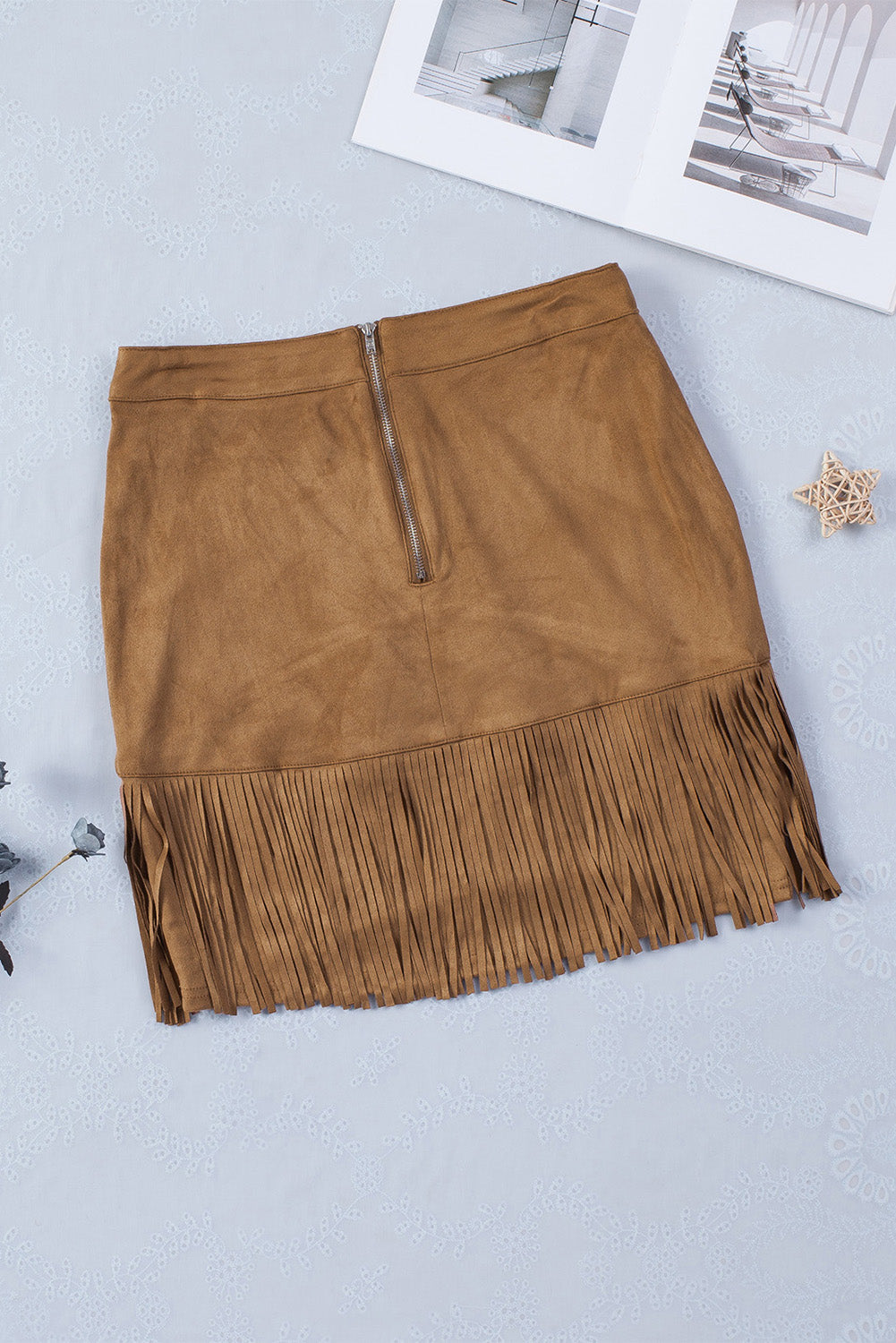 Brown Tassel Zipped Pockets High Waist Mini Skirt