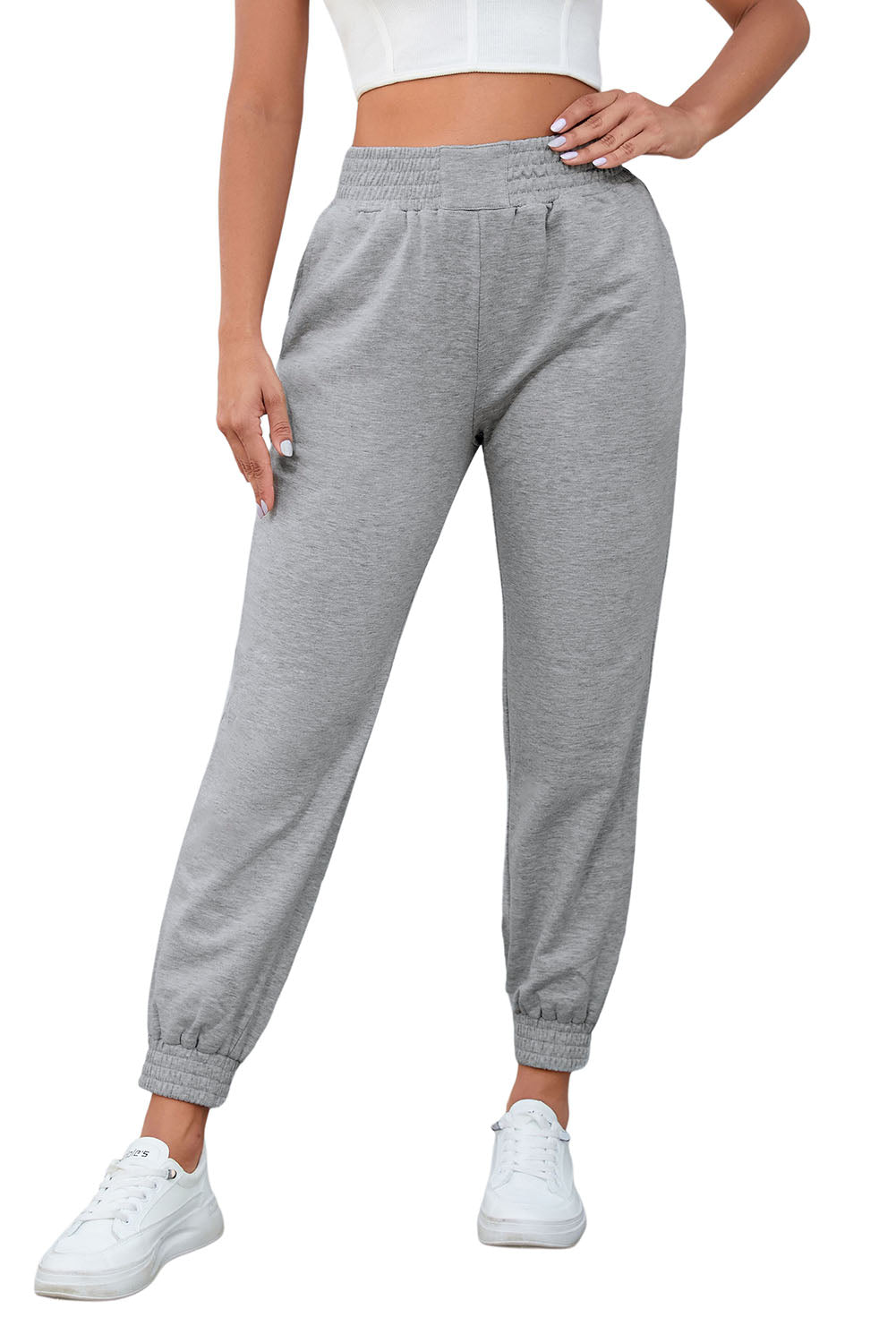 Gray Smocked High Waist Jogger Pants