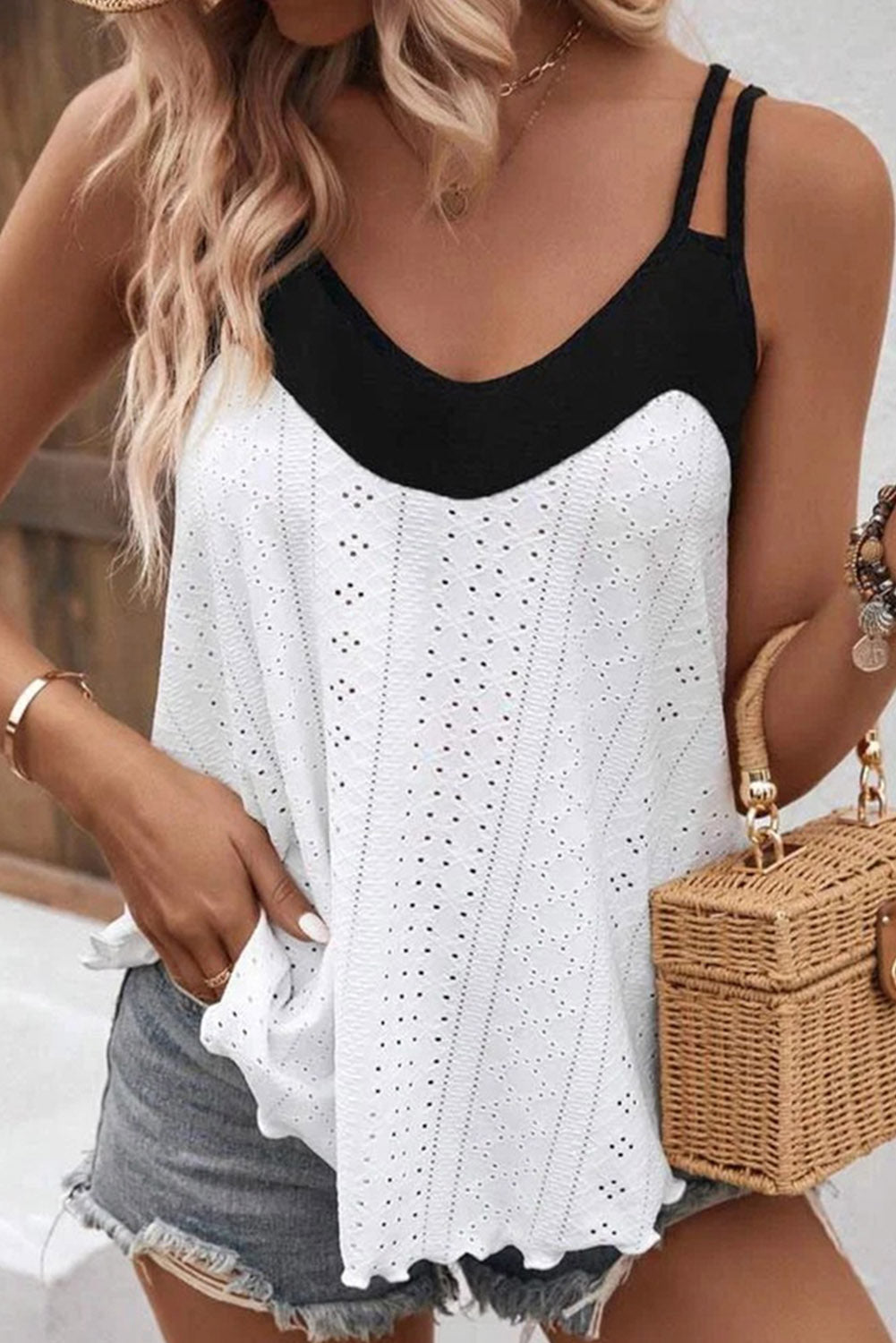 White Two Tone Splicing Eyelet Textured Tank Top