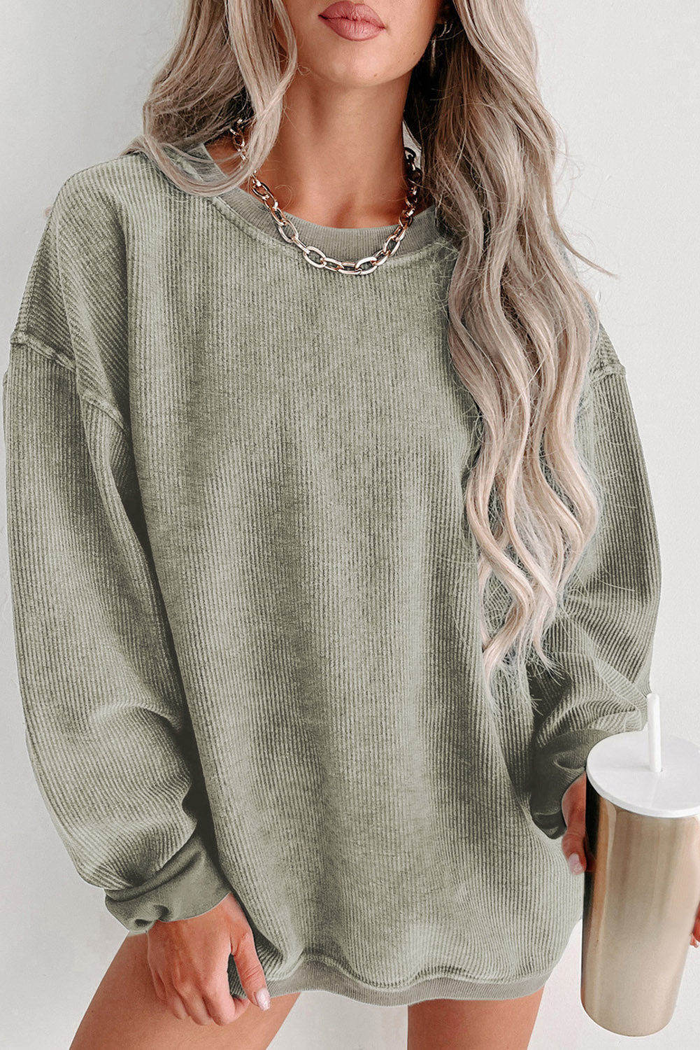 Gray Solid Ribbed Knit Round Neck Pullover Sweatshirt