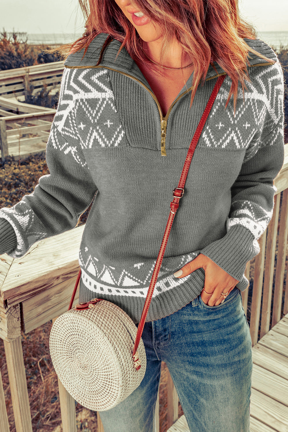 Blue Geometry Knit Quarter Zip Sweater