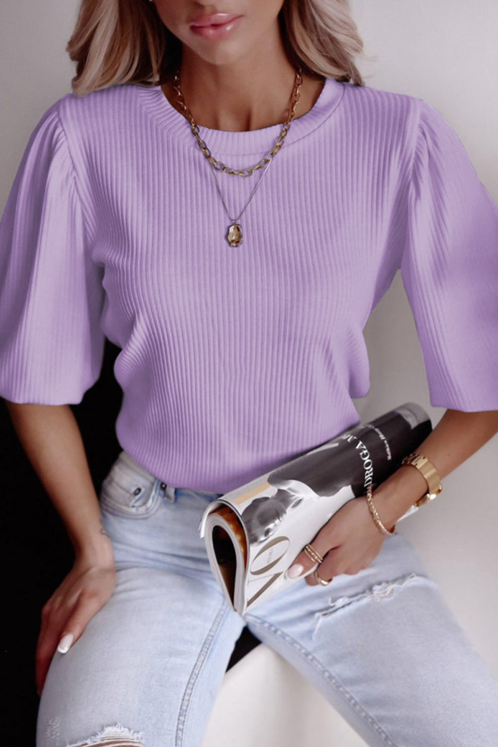 Purple Bubble Half Sleeves Ribbed Knit Top