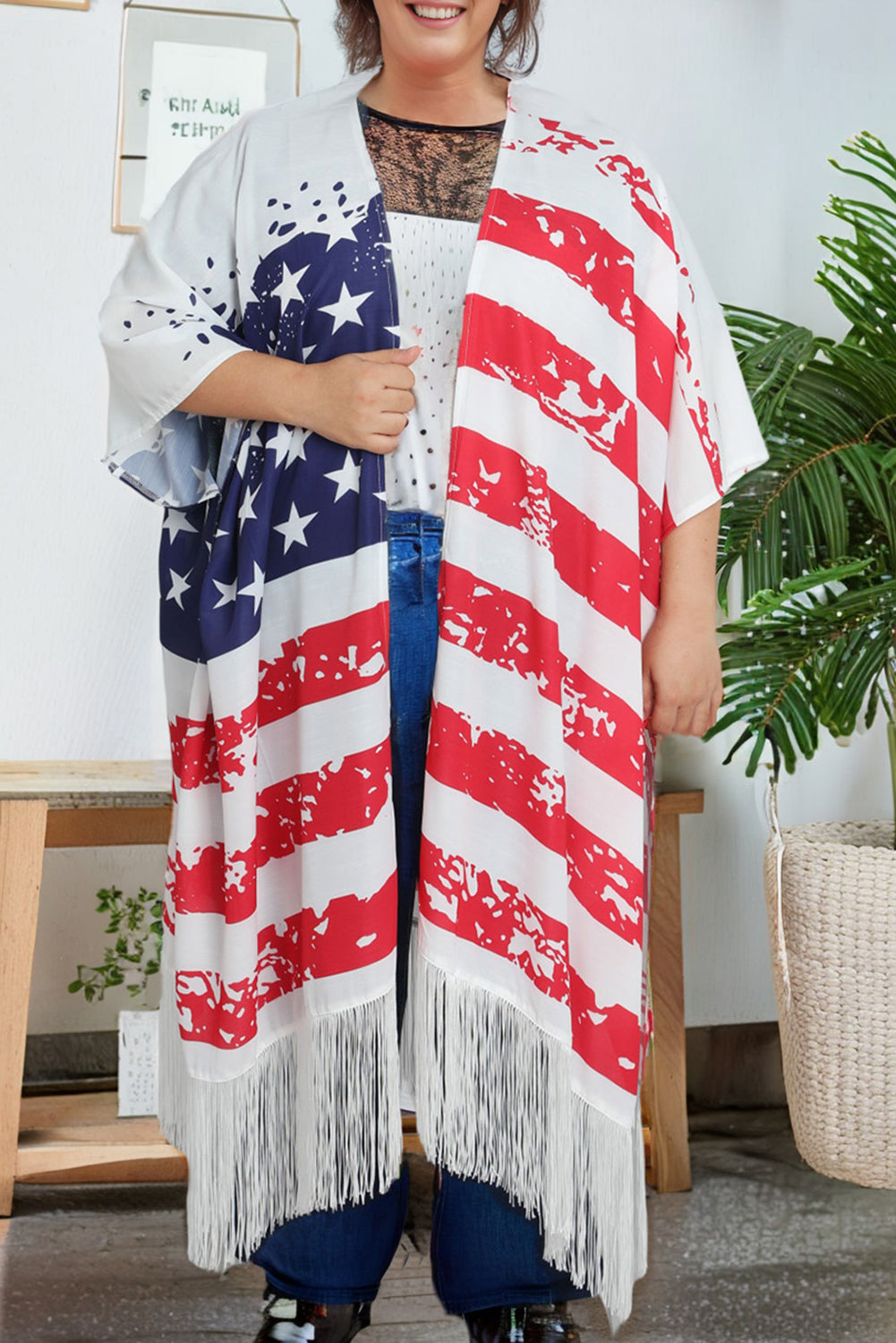 Multicolor Plus Size American Flag Tasseled 3/4 Sleeve Cardigan