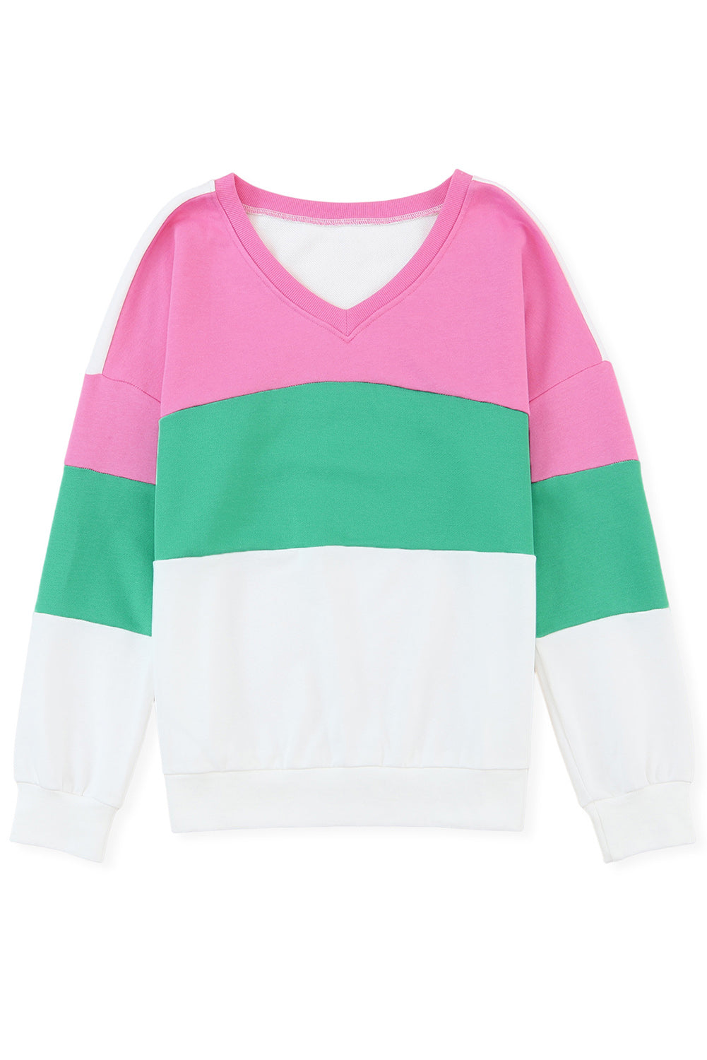 Pink Ribbed V Neck Color Block Patchwork Sweatshirt