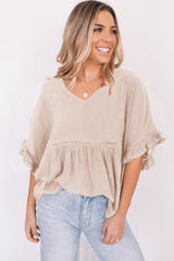 Apricot Ruffled Lace Detail Loose V Neck Top