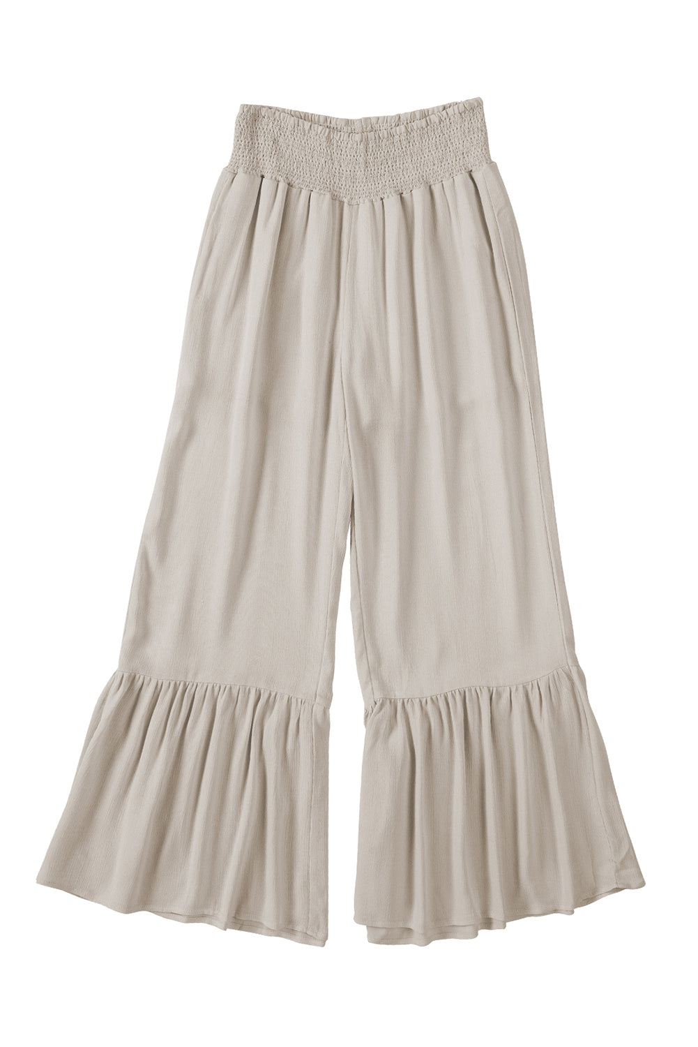 Khaki Smocked High Waist Ruffled Wide Leg Pants