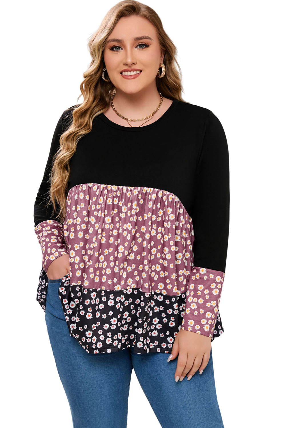 Black Floral Pattern Color Block Plus Size Pullover Top