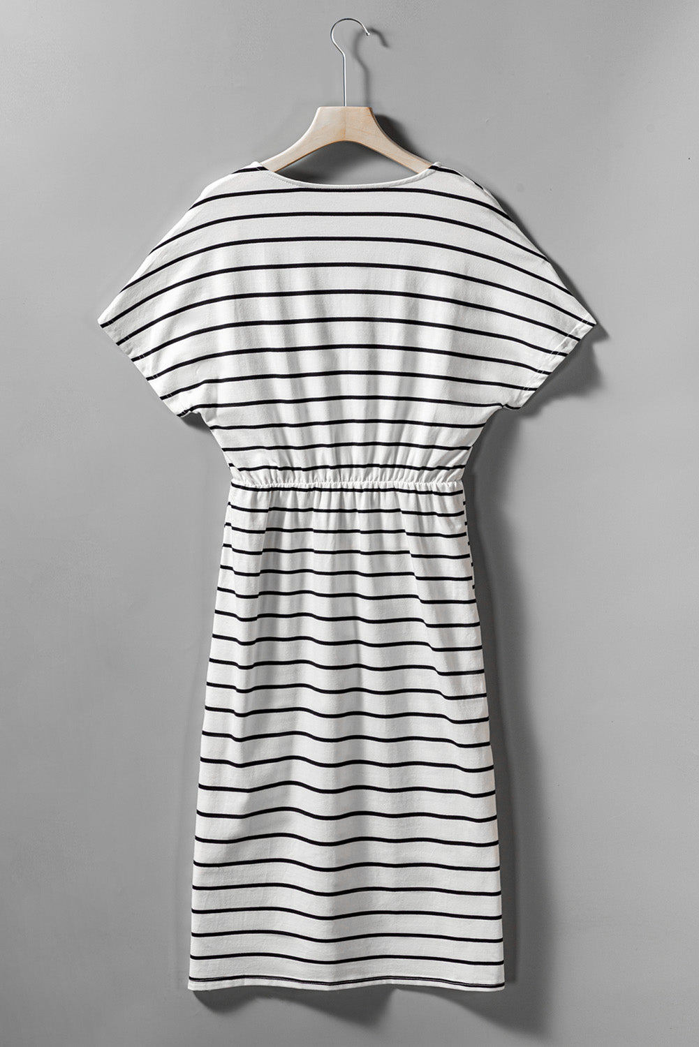 White Stripe Wrapped V Neck Short Sleeve Split Dress