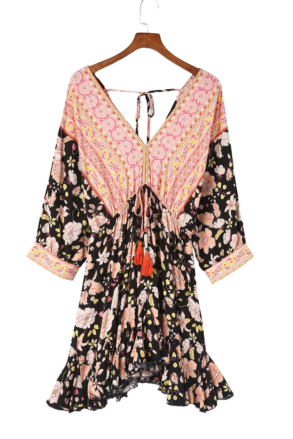 Black V Neck 3/4 Sleeves Floral Dress