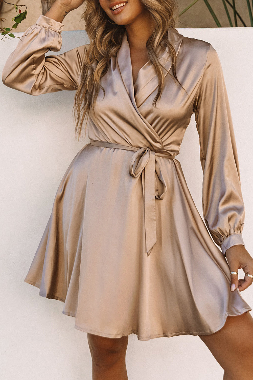 Apricot Satin V Neck Wrap Long Sleeve Dress with Tie