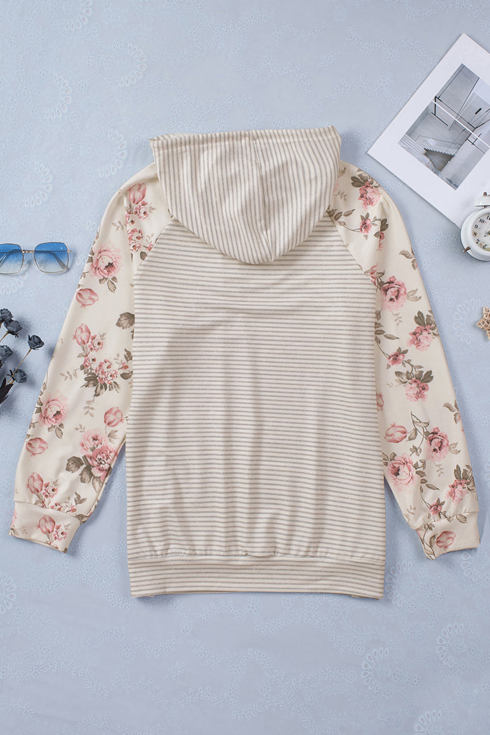 Stripe Plus Size Floral Raglan Sleeve Striped Hoodie