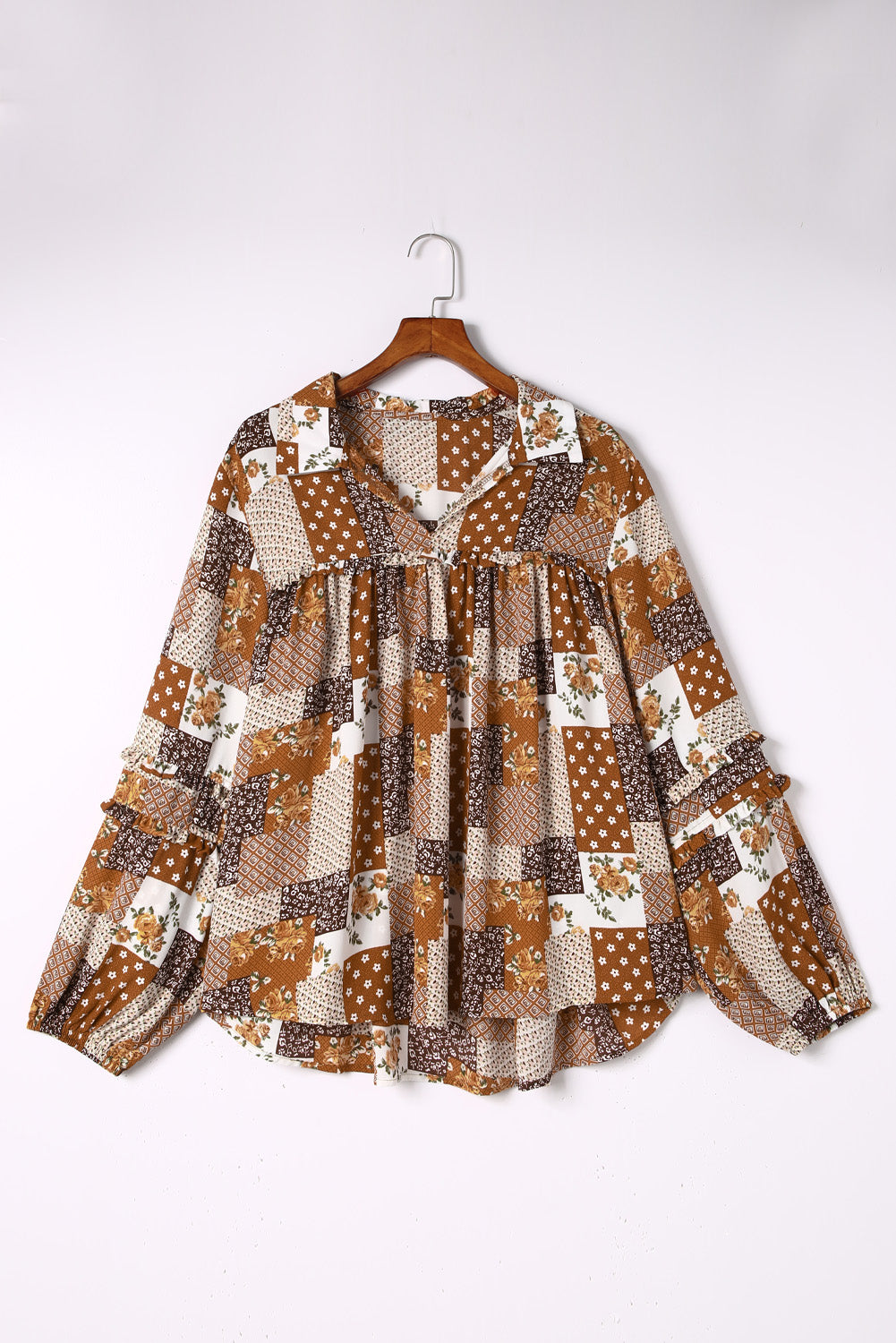 Apricot Turn-down Neck Mixed Print Plus Size Shirt